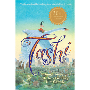 Book cover of 'Tashi' with a swan and child illustration, colorful text, and 30th anniversary badge.