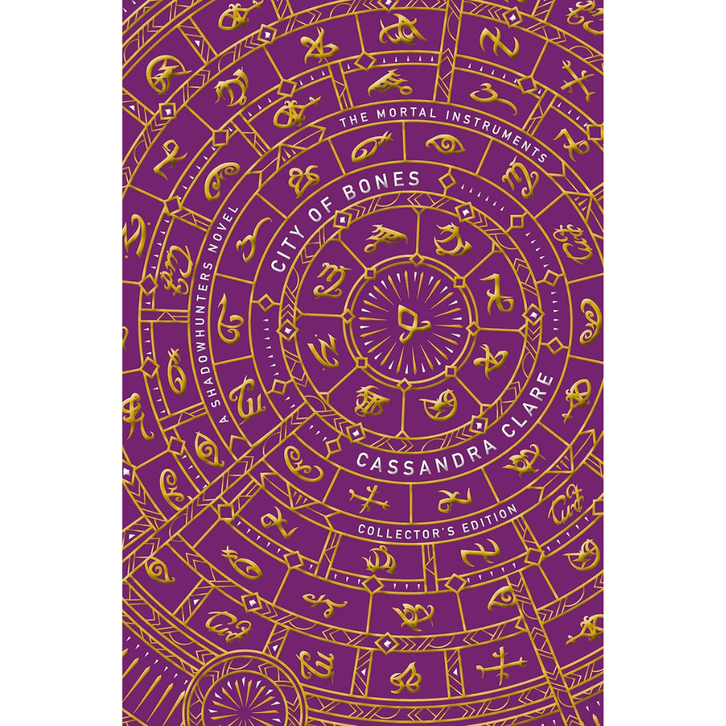 Purple book cover with gold symbols and text, featuring 'City of Bones' from 'The Mortal Instruments' series.