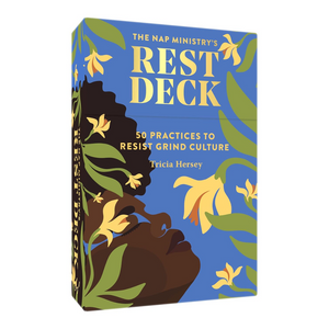 Book titled 'The Nap Ministry's Rest Deck' with floral design on a blue background