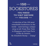 Book cover of '150 Bookstores You Need to Visit Before You Die' with blue background and white text.