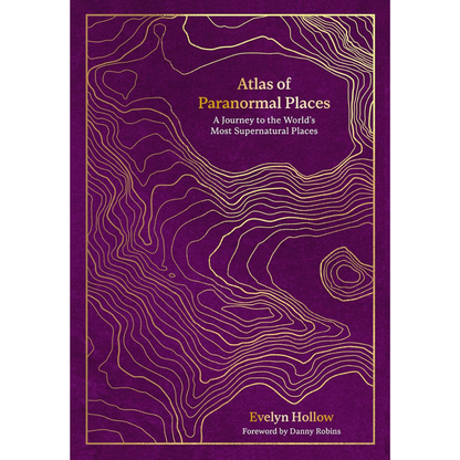 Book cover of 'Atlas of Paranormal Places' with gold line patterns on a purple background