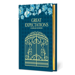 Book cover of 'Great Expectations' by Charles Dickens with decorative floral design and gate illustration on a blue background.