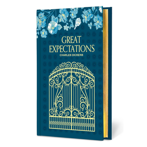 Book cover of 'Great Expectations' by Charles Dickens with decorative floral design and gate illustration on a blue background.