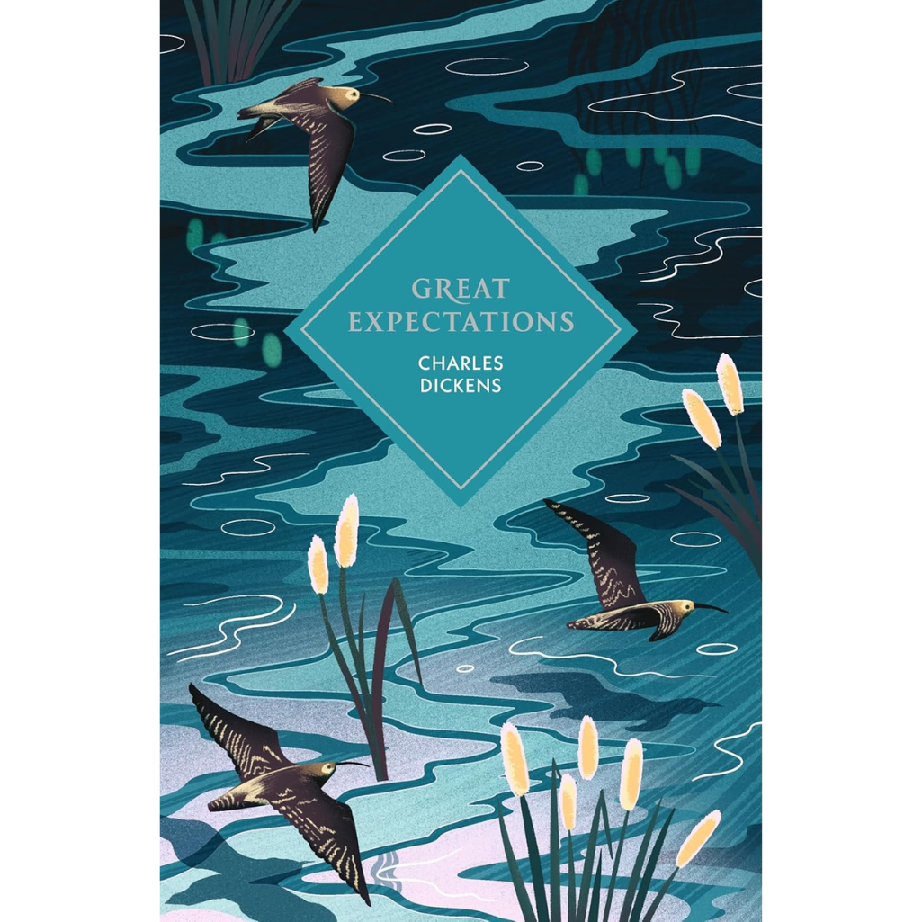 Book cover of 'Great Expectations' by Charles Dickens with birds and water design.
