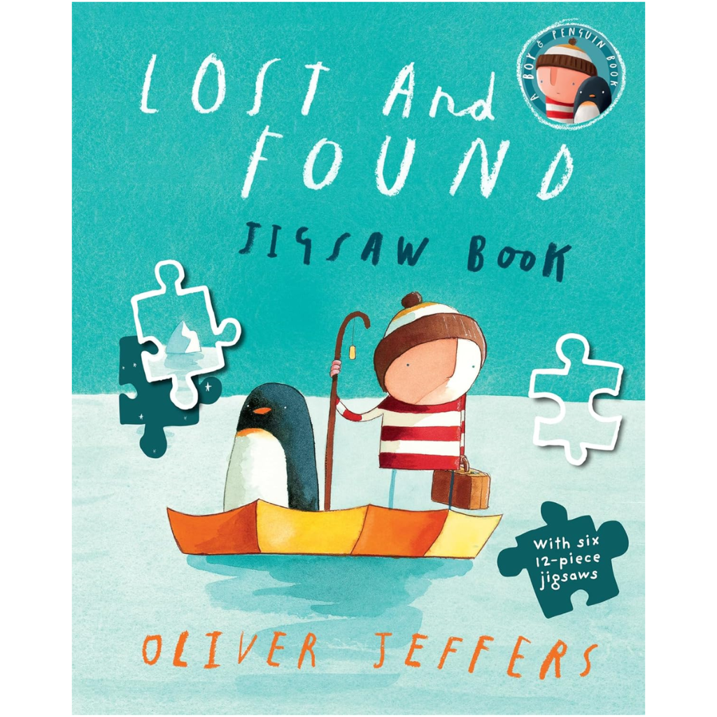Book cover of 'Lost and Found Jigsaw Book' by Oliver Jeffers with illustrations of a boy and penguin in a kayak.