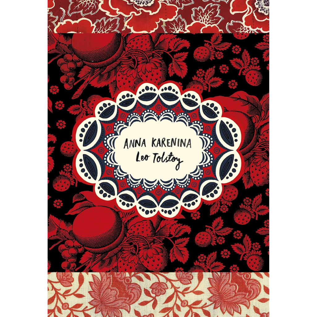 Book cover of 'Anna Karenina' with red floral pattern