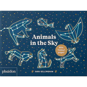 Book cover of 'Animals in the Sky' with star constellation illustrations on a blue background.