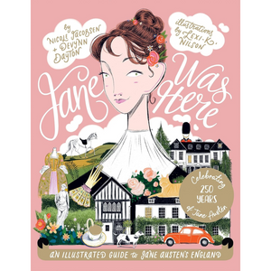 Book cover of 'Jane Was Here' with illustrations and text on a pink background