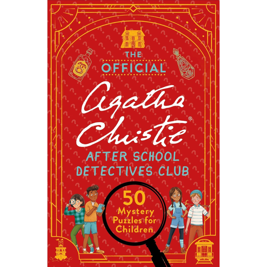 Book cover of 'The Official Agatha Christie After School Detectives Club' with a red background and illustrations of children and a magnifying glass.
