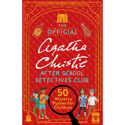Book cover of 'The Official Agatha Christie After School Detectives Club' with a red background and illustrations of children and a magnifying glass.