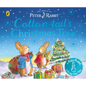 Book cover of 'Cotton-tail's Christmas Tree' featuring a rabbit and fox by a Christmas tree with presents.