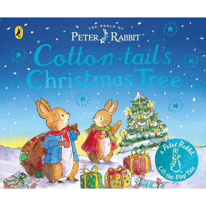 Book cover of 'Cotton-tail's Christmas Tree' featuring a rabbit and fox by a Christmas tree with presents.