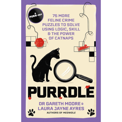 Book cover of 'Purrdle' with a cat, magnifying glass, and text about feline crime puzzles.