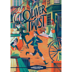 Book cover of 'Oliver Twist' with characters and city street scene