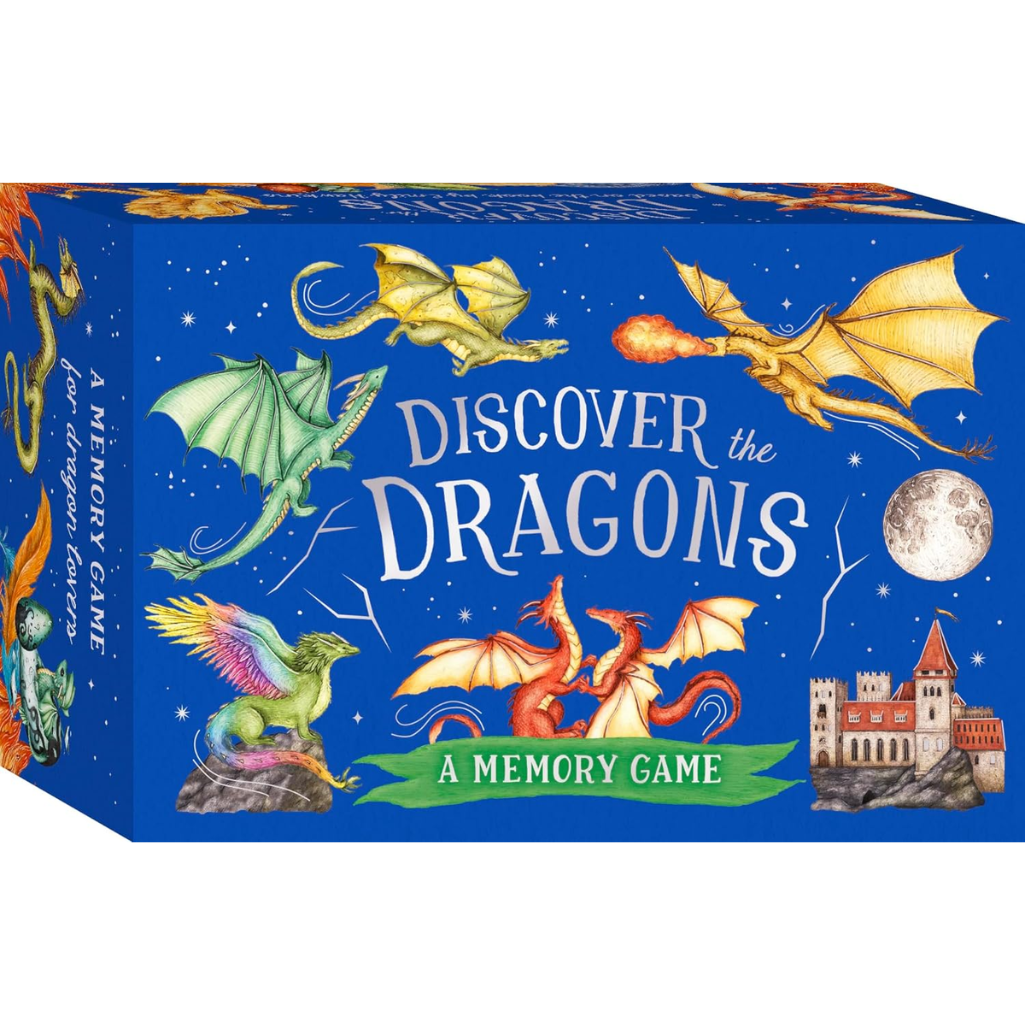 Memory game box with colorful dragons on a blue background