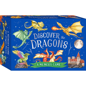 Memory game box with colorful dragons on a blue background