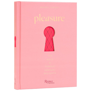 Pink book titled 'pleasure' with a keyhole design on a white background