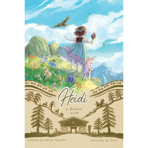 Book cover of 'Heidi' graphic novel with a girl, pig, and mountain landscape.