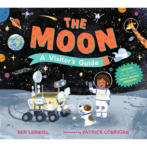 Book cover of 'The Moon: A Visitor's Guide' with space-themed illustrations and text.