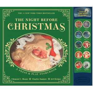 Book cover of 'The Night Before Christmas' with Santa Claus illustration and press & play buttons.
