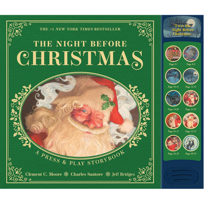 Book cover of 'The Night Before Christmas' with Santa Claus illustration and press & play buttons.