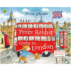 Book cover of 'Peter Rabbit Goes to London' with a red double-decker bus and London landmarks.