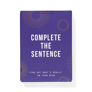 Purple book titled 'Complete The Sentence' with white text on a white background