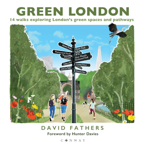 Book cover of 'Green London' with illustrations of people walking in a park and a signpost.