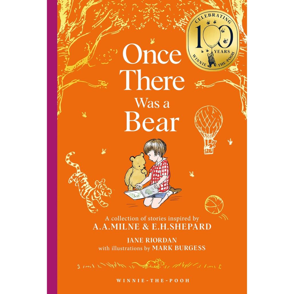 Book cover of 'Once There Was a Bear' with illustrations and text about A.A. Milne and E.H. Shepard.