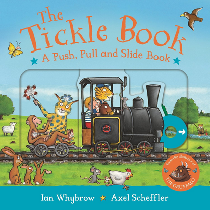 Cover of 'The Tickle Book' with a train and animals on a blue background