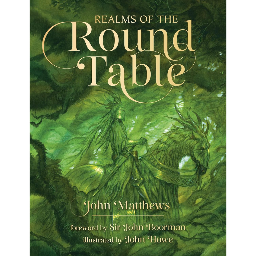 Book cover of 'Realms of the Round Table' with a green dragon and knight illustration.
