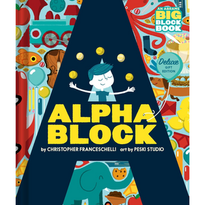 Book cover of 'Alpha Block' with colorful illustrations and a blue triangle shape.