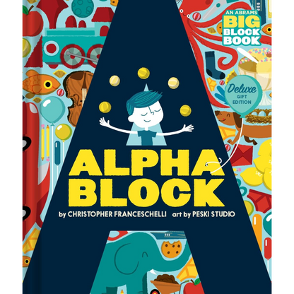 Book cover of 'Alpha Block' with colorful illustrations and a blue triangle shape.
