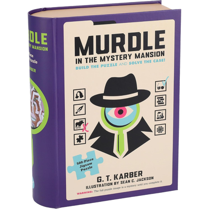 Book titled 'Murdle in the Mystery Mansion' with a purple spine and beige cover featuring a puzzle illustration.