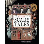 Book cover of 'Classic Scary Tales' with Halloween-themed illustrations and text.