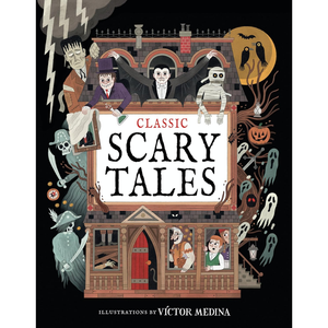 Book cover of 'Classic Scary Tales' with Halloween-themed illustrations and text.