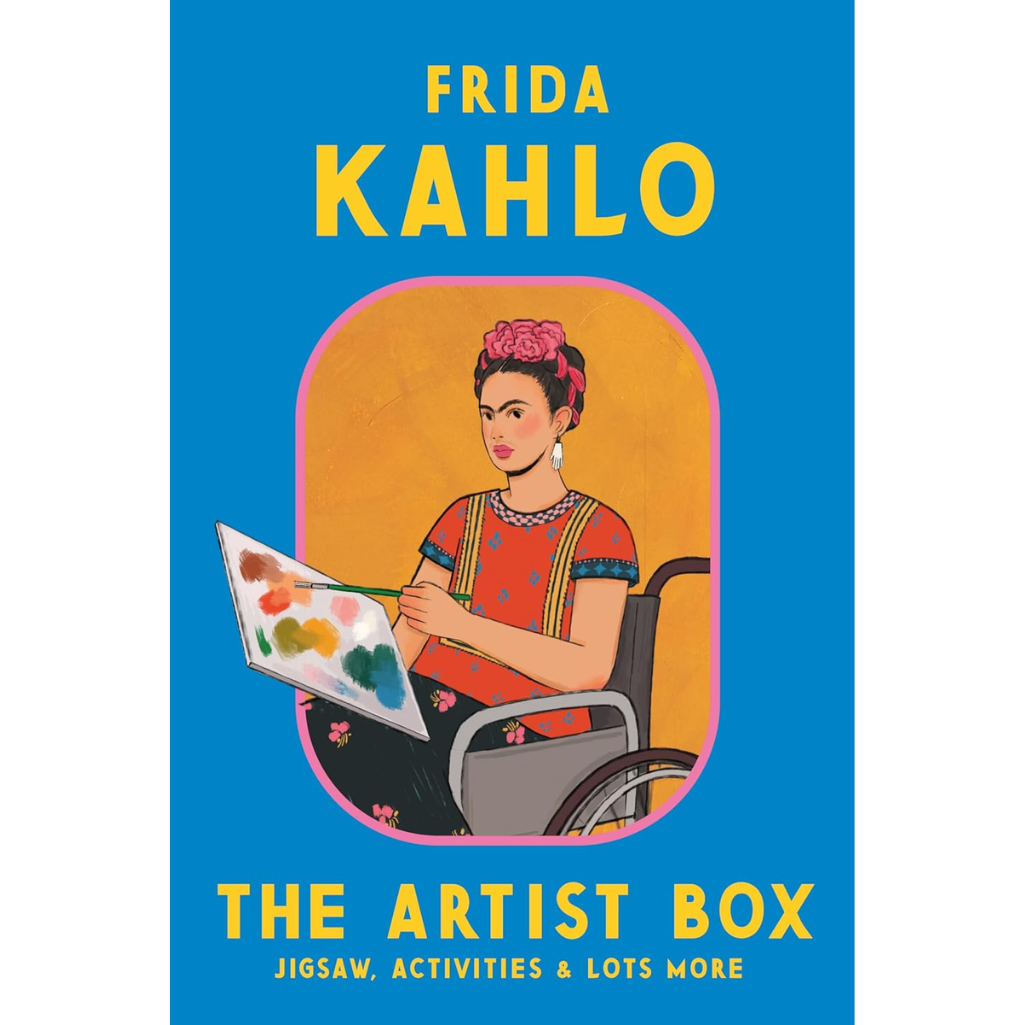Book cover of 'Frida Kahlo: The Artist Box' with a colorful illustration of Frida Kahlo painting.