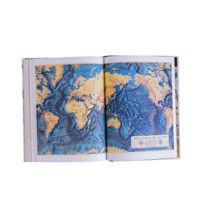 Open book displaying a world map on a white background