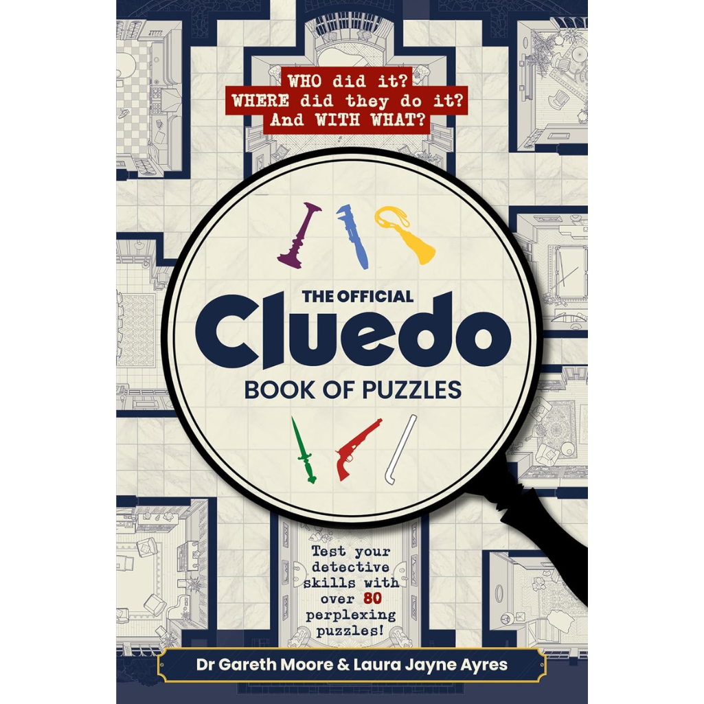 Book cover of 'The Official Cluedo Book of Puzzles' with a magnifying glass and detective-themed design.