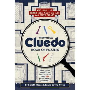 Book cover of 'The Official Cluedo Book of Puzzles' with a magnifying glass and detective-themed design.