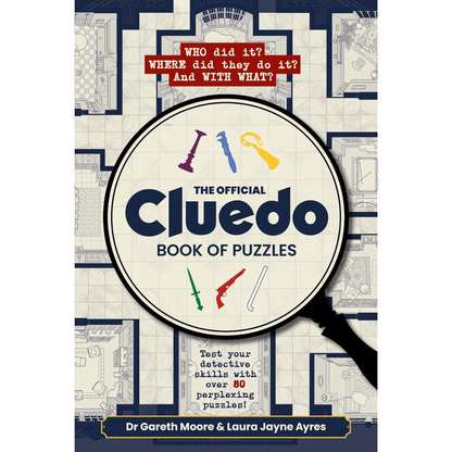 Book cover of 'The Official Cluedo Book of Puzzles' with a magnifying glass and detective-themed design.