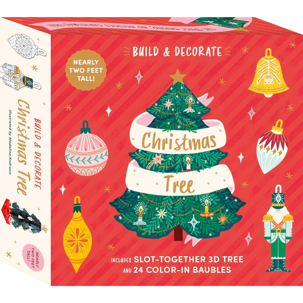 Box for a Christmas tree building and decorating set with illustrations of a tree and ornaments on a red background.