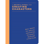 Notebook titled 'A Writer's Journal for Creating Characters' with blue cover and orange spine.