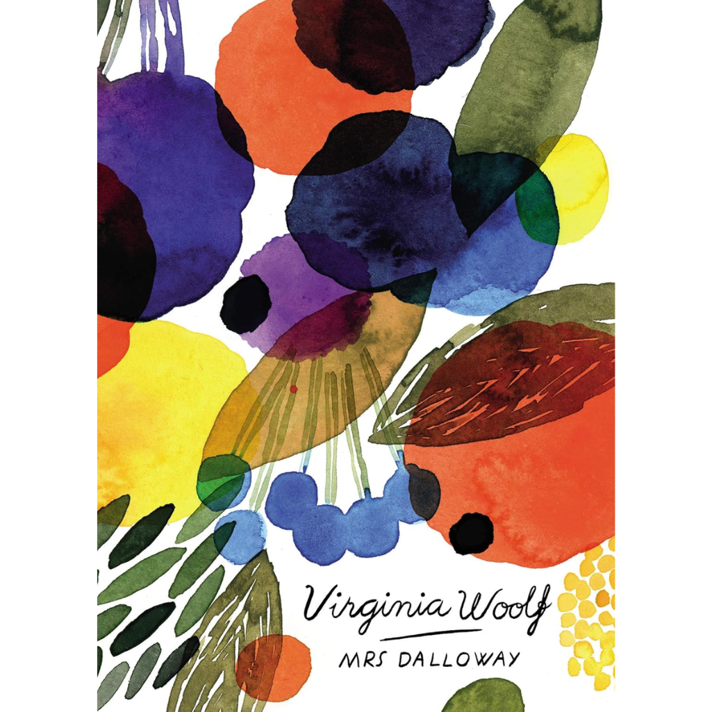 Book cover of 'Mrs Dalloway' by Virginia Woolf with colorful abstract design
