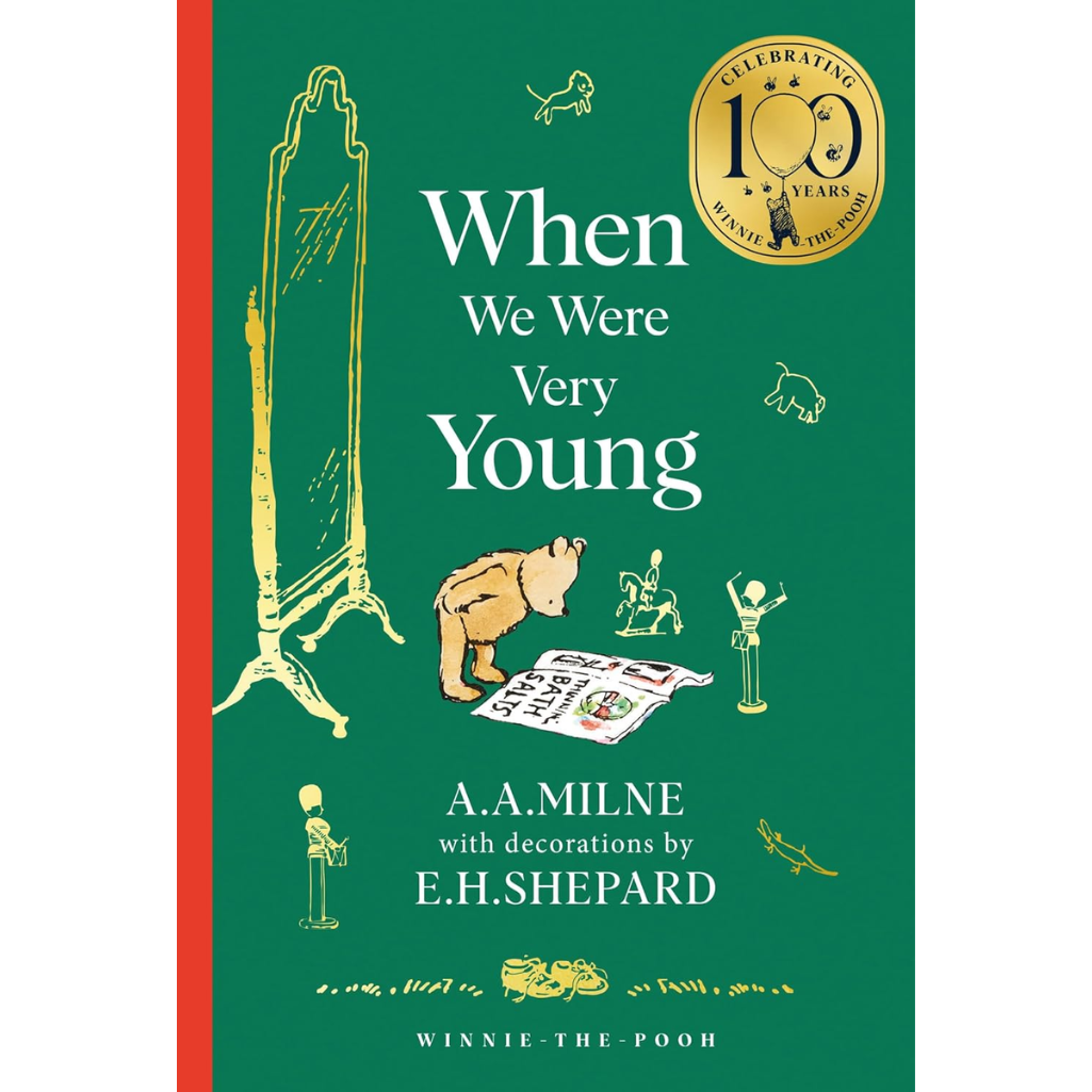 Book cover of 'When We Were Very Young' by A.A. Milne with illustrations and decorative elements.