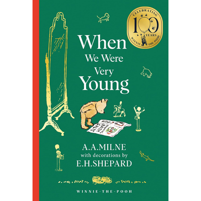 Book cover of 'When We Were Very Young' by A.A. Milne with illustrations and decorative elements.