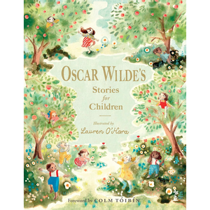 Book cover of 'Oscar Wilde's Stories for Children' with illustrations of children in an apple orchard.