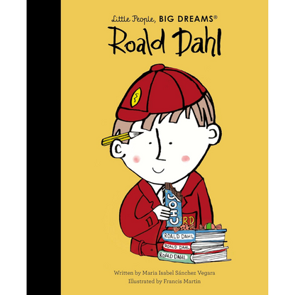 Book cover of 'Little People, Big Dreams: Roald Dahl' with a child in a red cap and jacket holding books.