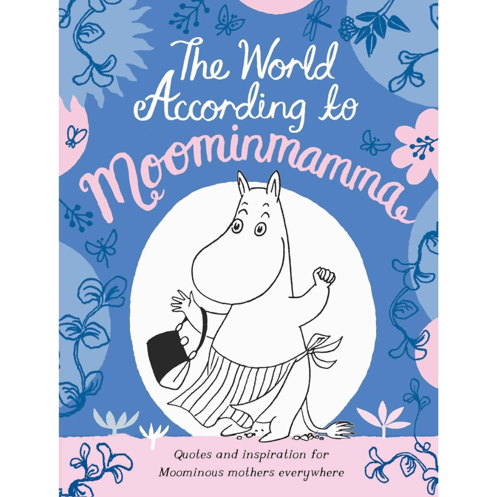 Book cover of 'The World According to Moominmamma' with a cartoon character on a blue background.