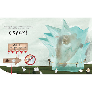 Illustration of a mammoth in a bag with signs and text on a white background